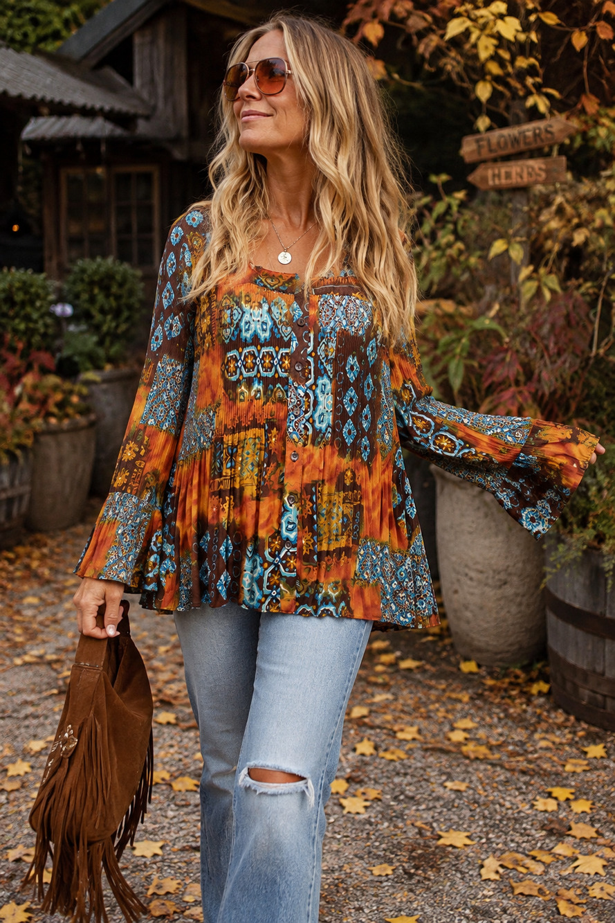 Boho patchwork pleated blouse Sere Nade Dopamine flare sleeve Size XL quirky